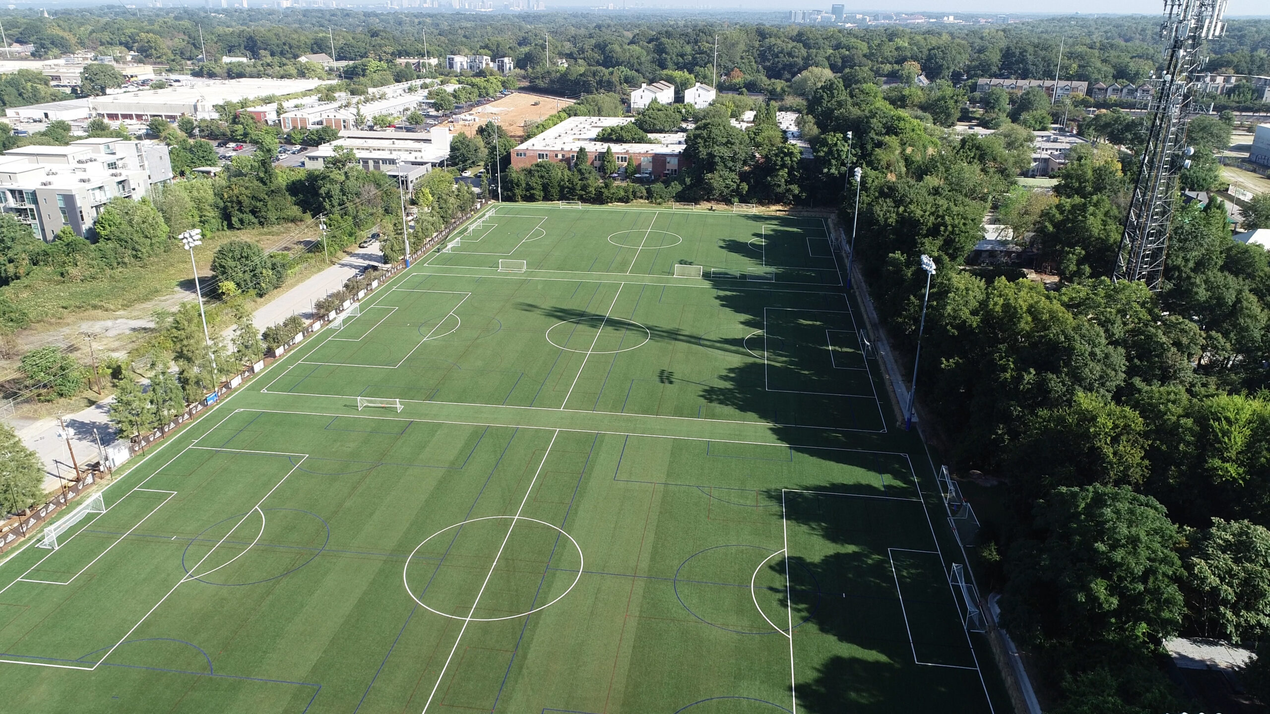 The main synthetic turf soccer field at the Inter Atlanta Football Club training facility.