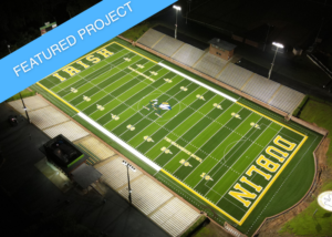 The Dublin High School football field, featuring the Fighting Irish logo on the new synthetic turf.