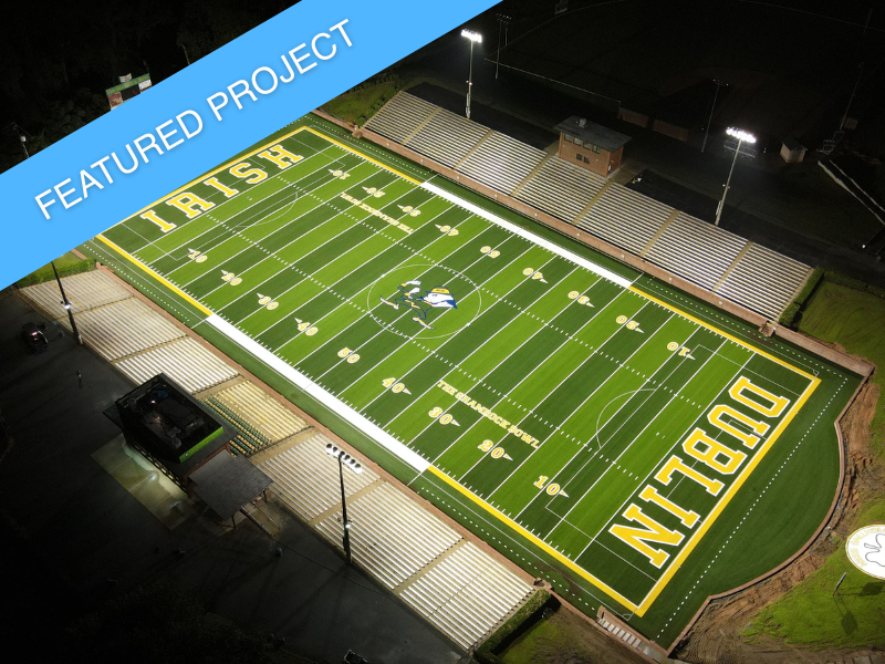 The Dublin High School football field, featuring the Fighting Irish logo on the new synthetic turf.
