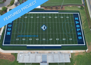 The North Cobb Christian School football field, with the Eagles logo on the new synthetic turf.