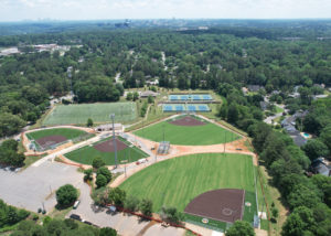 An aerial view of the new synthetic turf baseball and softball fields at Terrell Mill Park.