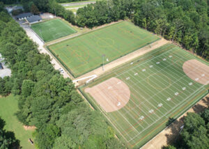 An aerial view of the multi-use fields at Legacy Park, ready for community sports and events.