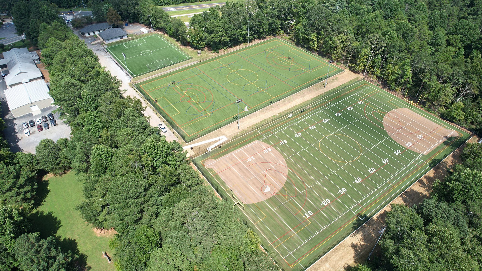 An aerial view of the multi-use fields at Legacy Park, ready for community sports and events.