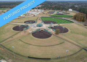 An aerial overview of the Southern Pines Recreational Complex, showing the variety of synthetic turf fields and courts.