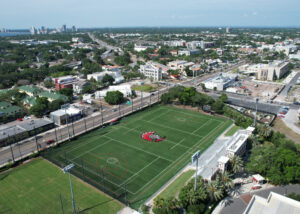 The University of Tampa&rsquo;s lacrosse field, featuring a full synthetic turf surface and the Spartans logo at midfield.