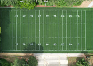An aerial view of Exchange Park, showing the new synthetic turf baseball and football fields side-by-side.