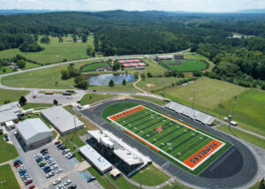 An aerial view of the LaFayette High School athletic complex, showing the new synthetic turf baseball, softball, and football fields.