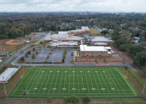 An aerial view of one of the new multi-use fields installed for Savannah Chatham Public Schools.