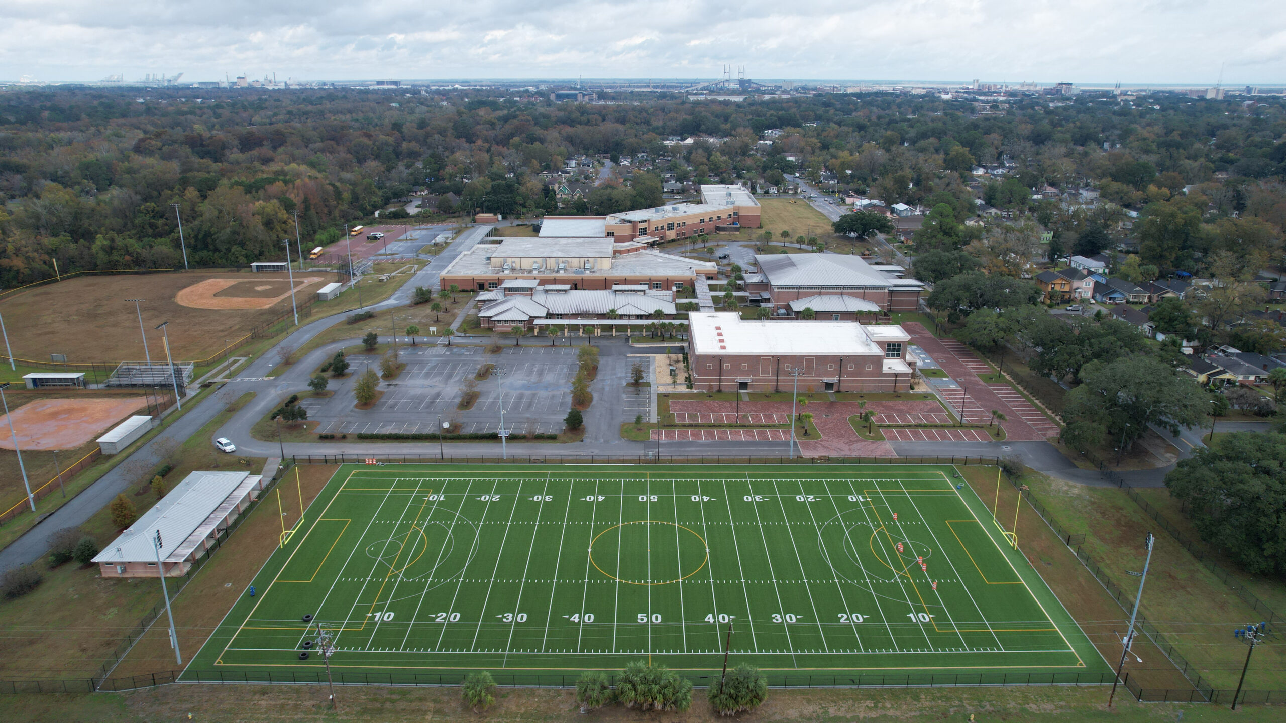 An aerial view of one of the new multi-use fields installed for Savannah Chatham Public Schools.
