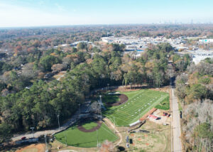 An aerial view of Midway Park, showing the new synthetic turf baseball and multi-use fields.