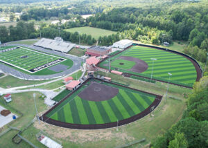 An aerial view of the Ridgeland High School athletic complex, showing the new synthetic turf baseball, softball, and football fields.