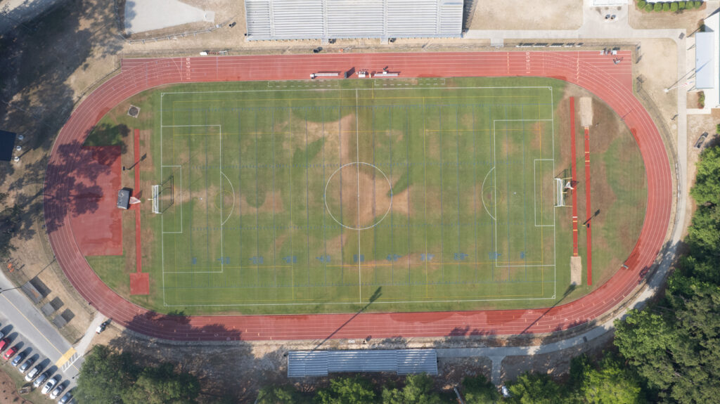 The straight-down view clearly communicates the worn natural grass conditions before renovation